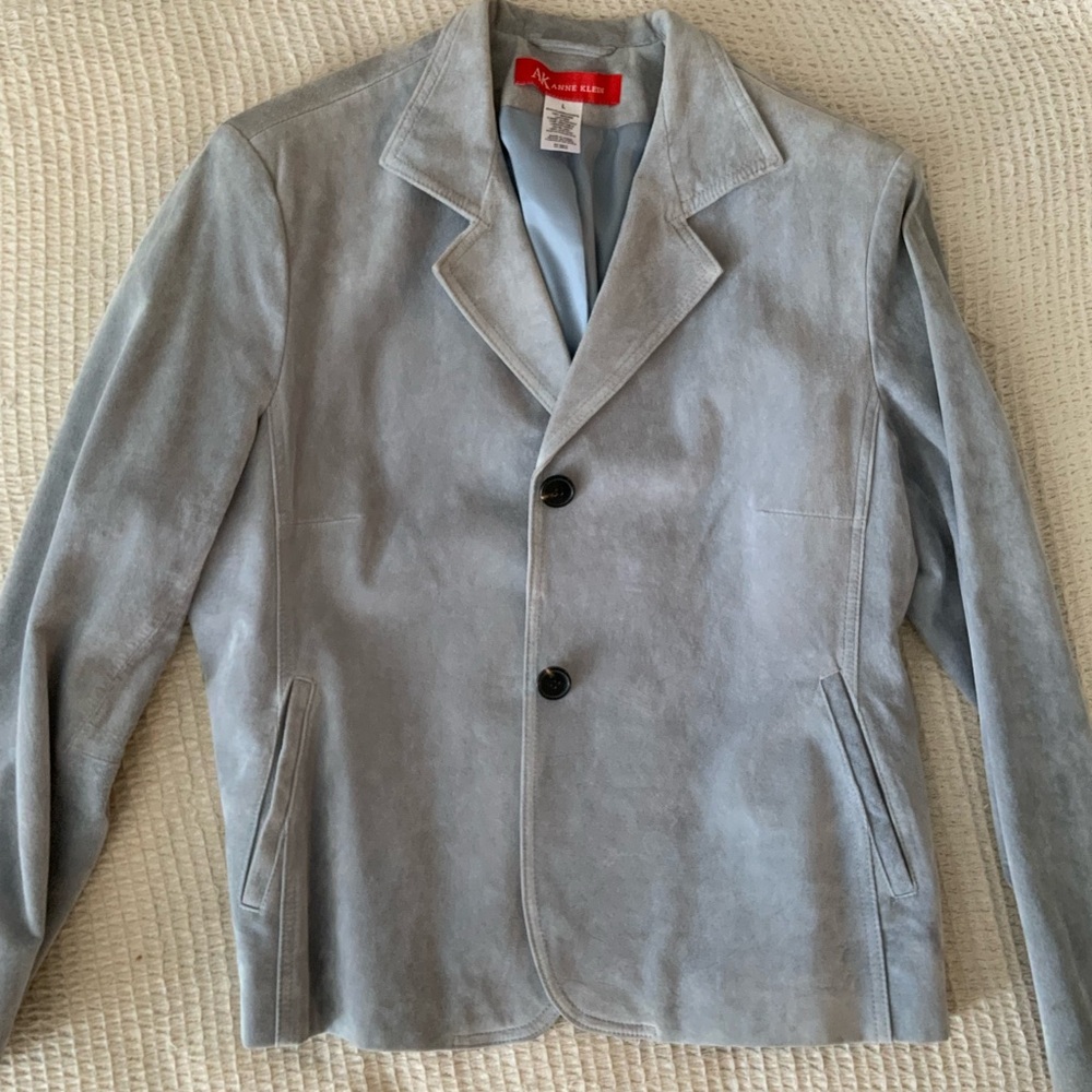 Vintage Anne Klein Powder Blue Suede 100% Leather Blazer Jacket Coat Size Large